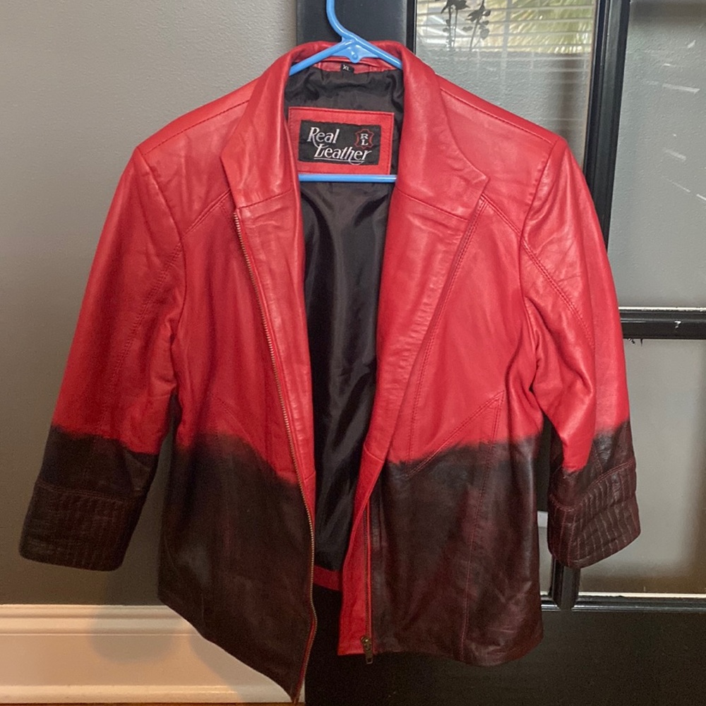 3/4 inch sleeve red leather jacket